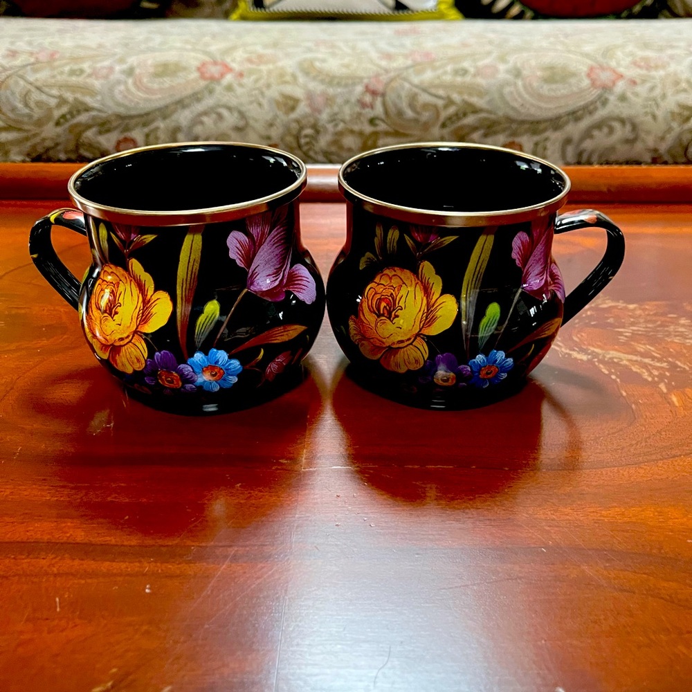 Mackenzie Childs Black Flower Market Floral Mugs Set